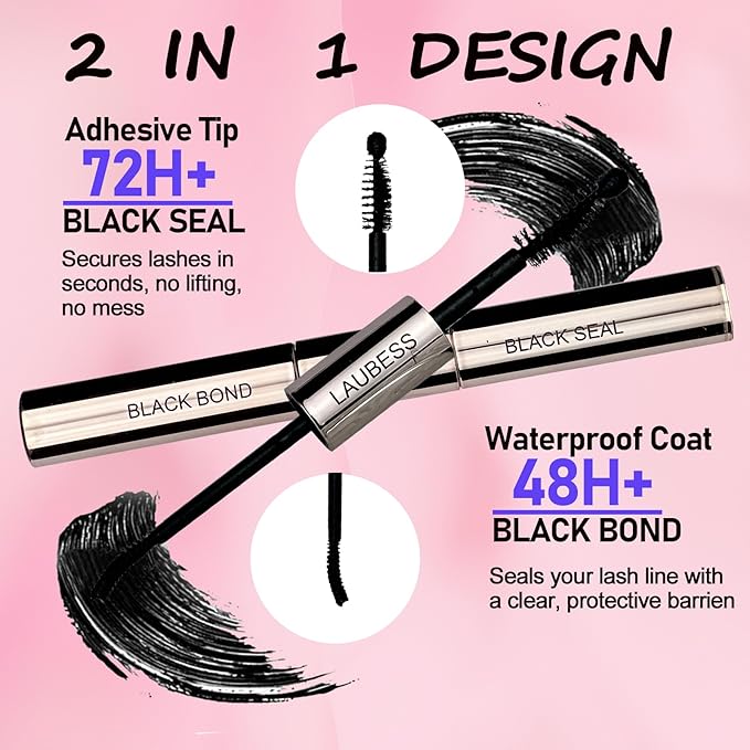Lash Bond and Seal Lash Glue Waterproof LAUBESS 2-in-1 Cluster Lash Glue for Eyelash Clusters 72H 10ml (Black/Black)