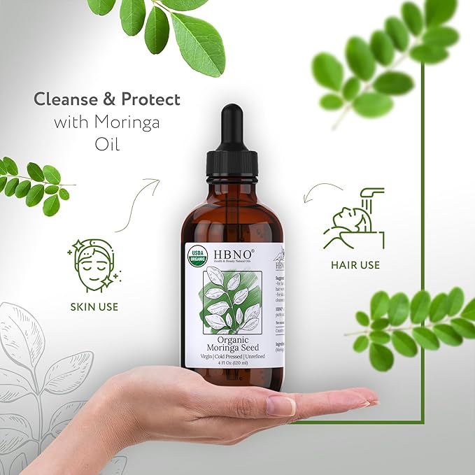 HBNO California Bottled Organic Moringa Oil 4 fl oz (120ml) Value Size - USDA Certified Organic Moringa Oil, Cold Pressed Carrier Oil for Face, Body, Lips, Nails, Shampoo & Conditioner