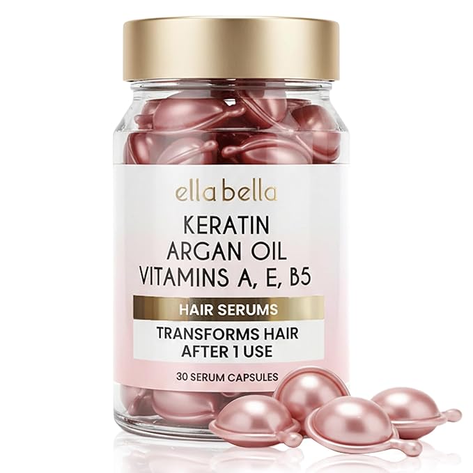 ELLA BELLA® Keratin Hair Serum with Argan Oil & Vitamins A, E, B5 – Anti-Frizz Hair Treatment & Night Repair – Hair Vitamins for Women for Smooth, Shiny, Frizz-Free Hair