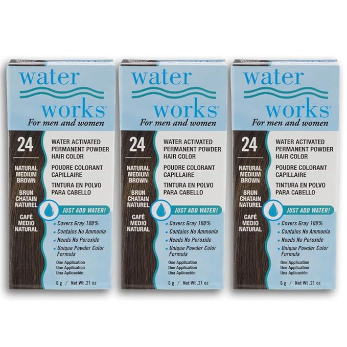 Water Works Hair Color Powder, Medium Brown – Permanent Hair Dye for Root Touch-Up & Full Coverage, Men & Women, 3 Pack