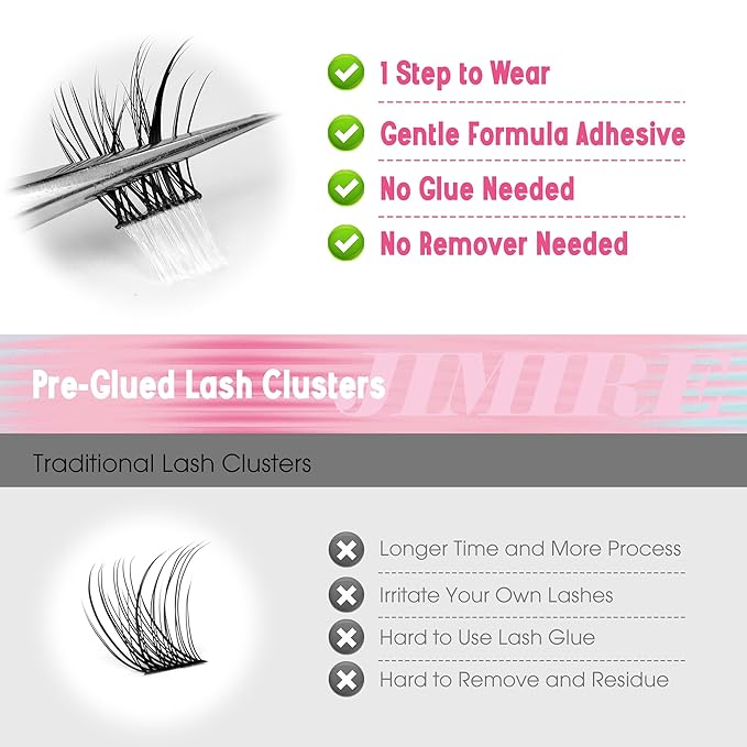 JIMIRE Manga Self Adhesive Eyelashes Natural Look 11-13MM Wispy Pre Glued Lashes Clusters Anime Press on Lash Clusters Reusable Self Adhesive Eyelash Clusters Quick to Wear