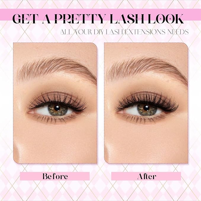 DIY Lash Extension Kit Individual Lashes Clusters Lash Bond and Seal, Clusters Lash Glue Remover and Eyelash Tweezers for Eyelash Extensions (10D+20D-0.07C, 8-16mm, Kit)