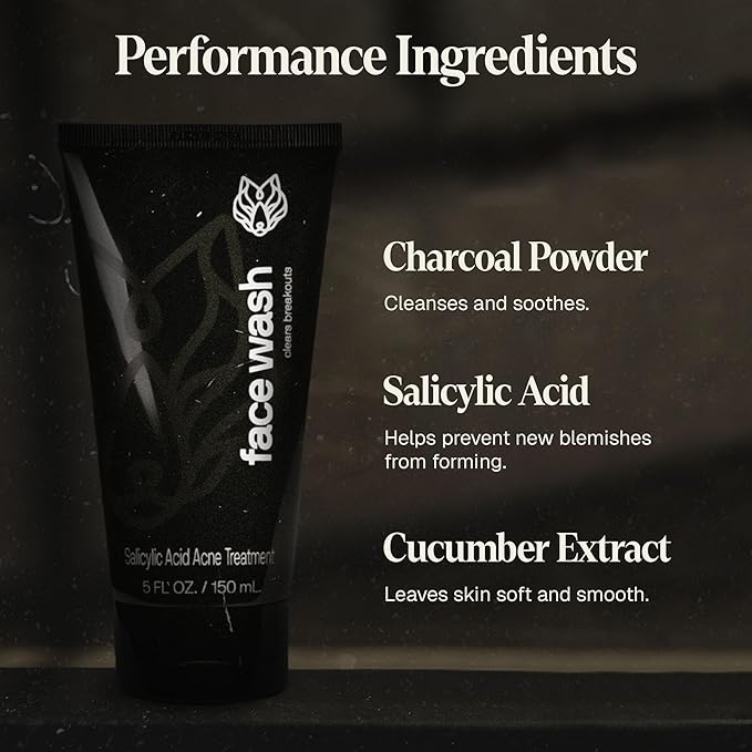 Black Wolf Salicylic Acid Acne Face Wash for Men - Charcoal Facial Cleanser & Exfoliator for Oily Skin - Gentle Daily Face Exfoliant & Pore Reducer Clears Breakouts - Non-Drying Acne Treatment