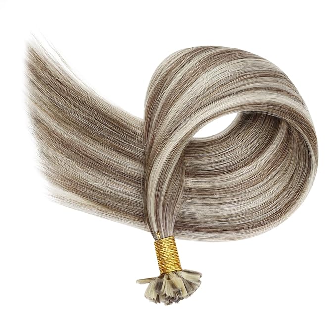 Full Shine Utip Hair Extensions Human Hair Ash Brown Highlight Platinum Blonde 14 Inch 40 Grams Keratin Human Hair Extensions Natural Straight Remy Hair for Women