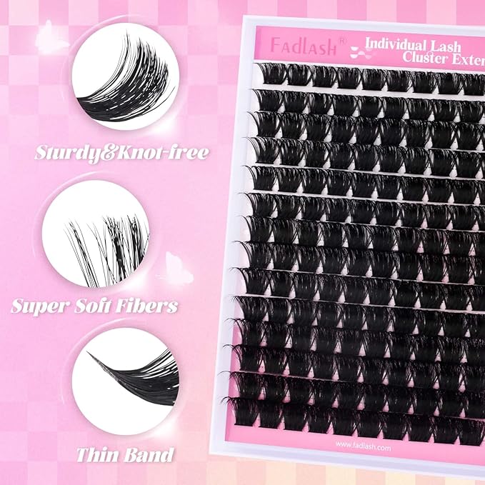 FADLASH DIY Lash Extension Kit Individual Lashes Cluster D Curl Eyelash Extension Kit D Curl Lash Clusters Lash Applicator Tool for Self Application at Home(KIT 200D-D-12-18mm)