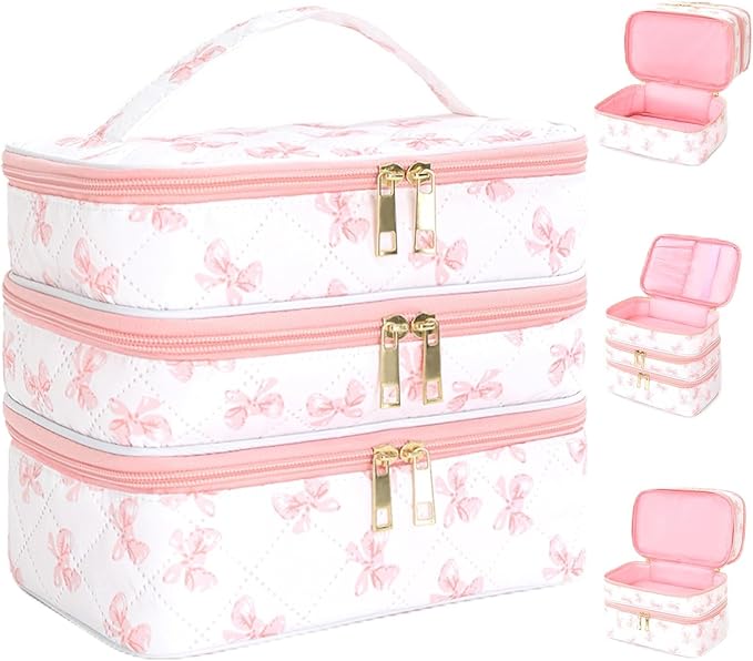Travel Makeup Bag for Women Three Layer Large Cosmetic Case Water-resistant Toiletry Bag Organizer for Store Toiletries Cosmetic Accessories and Manicure Sets Pink Butterfly