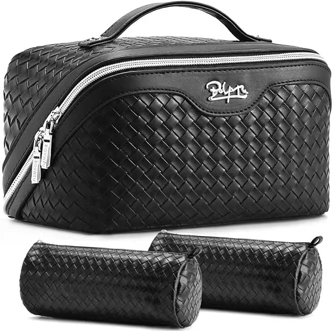 BOYATU Travel Makeup Bags for Women: 3 Pcs Large Make up Bags Set - Vegan Leather Cosmetic Bag for Traveling - Waterproof Toiletry Organizer (L33 Black)