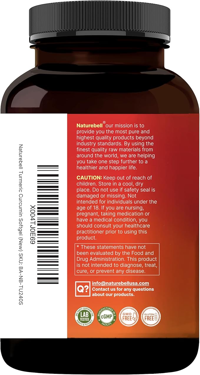 Turmeric Curcumin Supplement 3,000mg Equivalent with 95% Curcuminoids, Ginger, & Black Pepper | 240 Softgels with MCT Oil for Better Absorption (120 Day Supply)