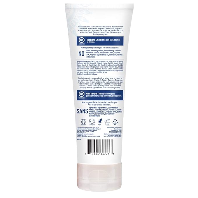 Desert Essence Italian Lemon Hand & Body Lotion - 8 Fl Ounce - Energizing - Shea Butter - Coconut & Jojoba Oil - Hydrate & Soften Skin - Refreshing - Aloe Vera