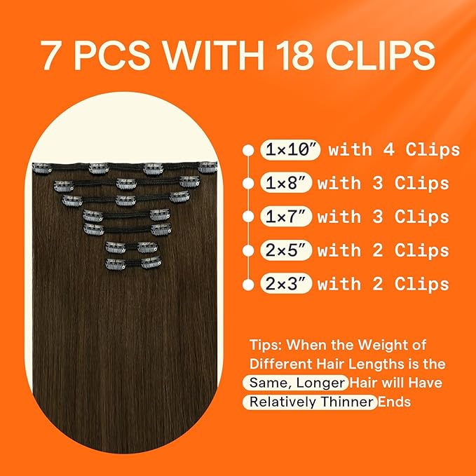 Full Shine Hair Extensions Clip in Real Human Hair Chestnut Brown Clip on Hair Extensions Invisible Brown Hair Full Head 18 Inch 7 Pcs 120 G