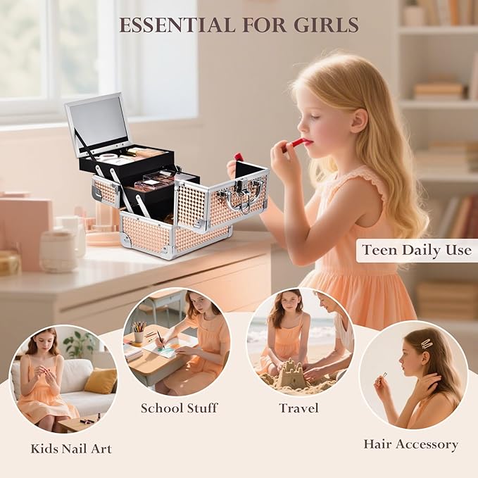 FRENESSA Makeup Case Train Case Portable Makeup Box with Mirror Lock Box Travel Cosmetic Train Cases Hard Makeup Organizer for Nail Craft Storage Vanity Rose Gold