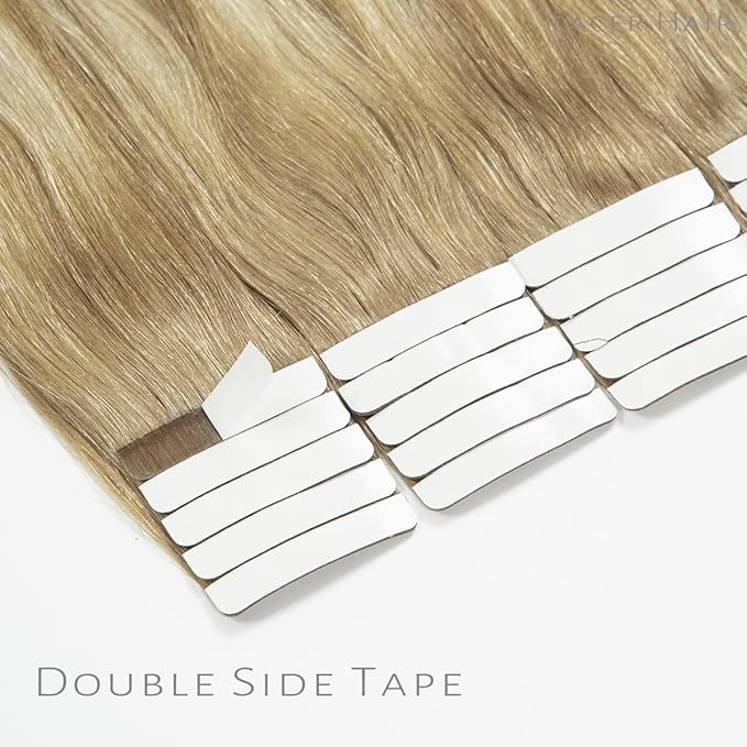 Lacerhair Natural Hair Remy Tape in Human Hair Extensions Dip Dyed Balayage #8/60 Light Brown to Platinum blonde Seamless PU Skin Weft 100% Real Virgin Invisible Hair Double Side 50g 20pcs/set 18 inch