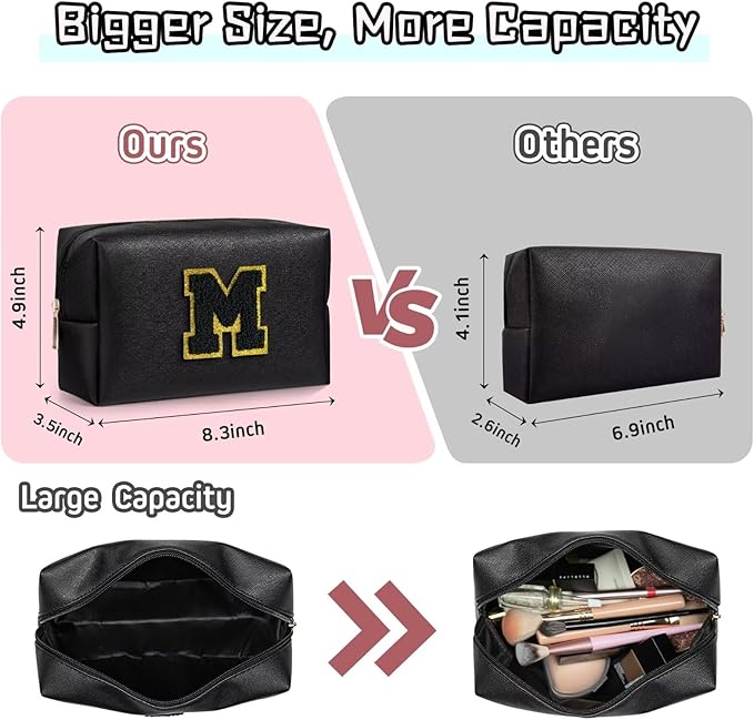 TOPEAST Preppy Makeup Bag, Cute Makeup Pouch PU Leather Waterproof Cosmetic Bag, Personalized Birthday Gifts for Mom Teacher Friends Bridesmaids Nurse, Trendy Stuff for Girls (Black I)