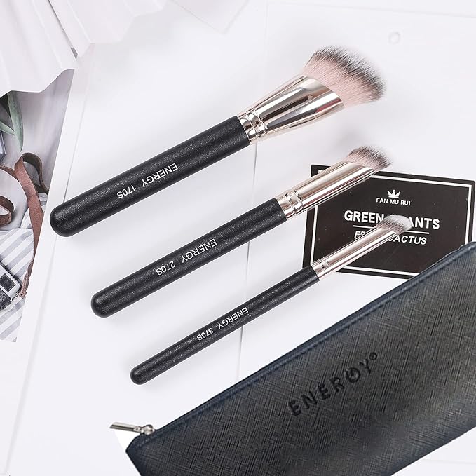 ENERGY Kabuki Foundation Brushes 3Pcs Professional Makeup Brush Set for Setting Powder Foundation Concealer Bronzer Blending with Liquid Cream Foundation Mineral Powder Comsetics with PU pouch