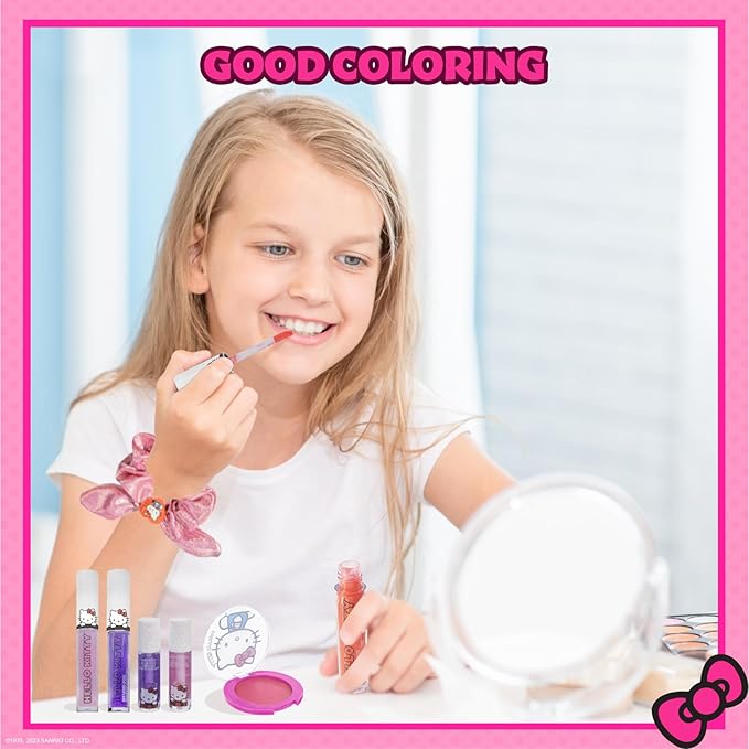 Hello Kitty Train Case Cosmetic Makeup Set Includes Lip Gloss, Eye Shimmer, Nail Polish, Hair Accessories & More! For Girls, Ages 6+ Perfect for Parties & Makeovers by Townley Girl