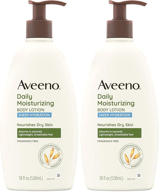 Aveeno Sheer Hydration Daily Moisturizing Fragrance-Free Lotion with Nourishing Prebiotic Oat, Fast-Absorbing Body Moisturizer for Dry Skin with Lightweight, Breathable Feel, 18 fl. oz (Pack of 2)