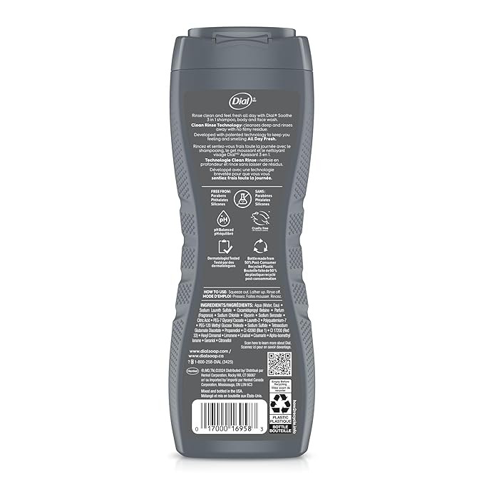 Dial Men 3 in 1 Body, Hair and Face Wash, Soothe, 16 Fl Oz, Pack of 4, Infinite Fresh Scent, Cleanses Deep + Gentle on Skin with Clean Rinse Technology
