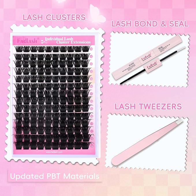 FADLASH Lash Extension DIY Kit Volume Fluffy Lash Clusters D Curl Cluster Lashes with Lash Bond and Seal Lash Tweezers for DIY Eyelash Extension at Home for Self Use（Kit 200D-0.07D-12-18MIX）