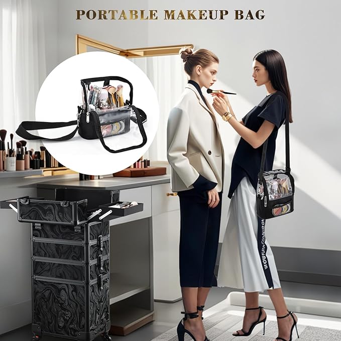 Stagiant Rolling Makeup Case 4 in 1 Cosmetology Case on Wheels Makeup Travel Case with Cosmetic Bag Key Swivel Wheels Salon Barber Case Traveling Cart Trunk Cosmetic Trolley Alpine Black
