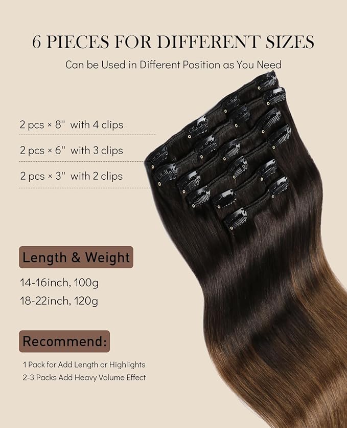 VINBAO Clip in Real Human Hair Extensions Ombre Color 1B Natural Black Fading to 4 Middle Brown 20 inch 120 Gram 6 Pcs Clip in Remy Hair Extensions for Women Full Head Thick End (#1BT4,20'')