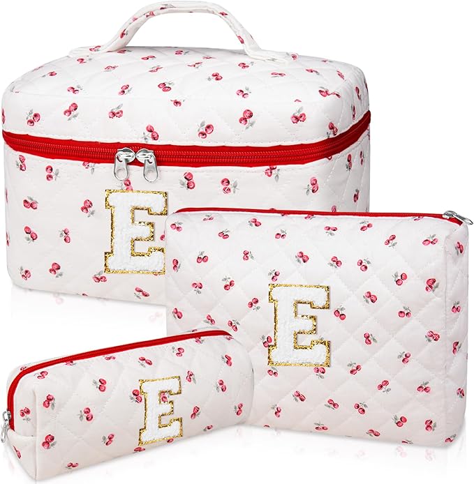 Initial Makeup Bag Set, Personalized Quilted Makeup Bag, Large Floral Cosmetic Bag for Women, Cute Cotton Custom Make up Bags, Flower Travel Toiletry Bag Teen Girl Gift Trendy Stuff Gift Red Cherry E