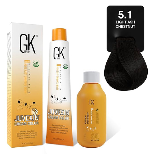 GK HAIR Global Keratin 5.1 Light Ash Chestnut Hair Color Cream Tube (3.4 Fl Oz/100ml) + 20 Volume Developer (5 Fl Oz/150ml) - Professional Permanent Long Lasting Toner Dye