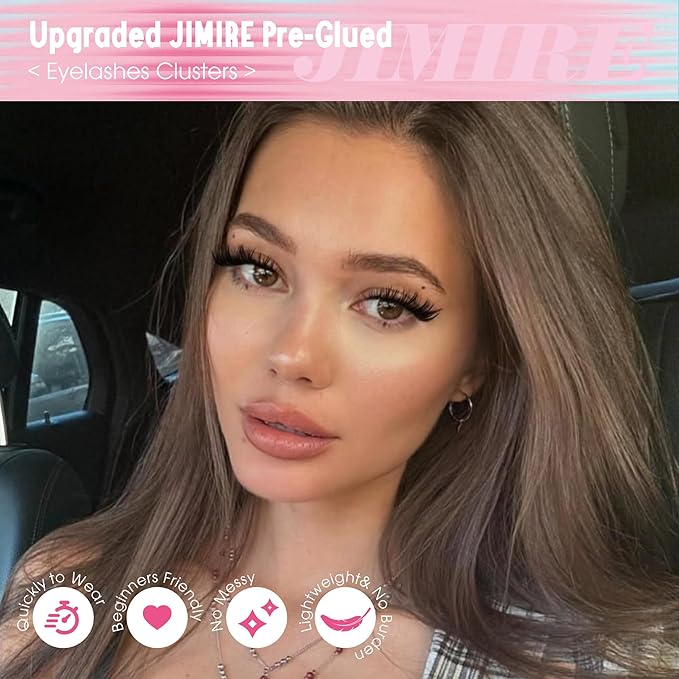 JIMIRE Self Adhesive Eyelashes Natural Look 12-14MM Full Pre Glued Lashes Clusters Manga Press on Lash Clusters D-Curly Reusable Self Adhesive Eyelash Clusters No Glue Needed