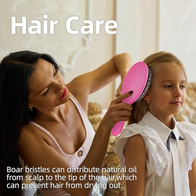 Boar Bristles Hair Brush for Women and Men, Detangling Hair Brush for Smoothing Massage Add Shine, Nylon&Boar Bristles Detangler brush for Hair Healthy (HotPink)