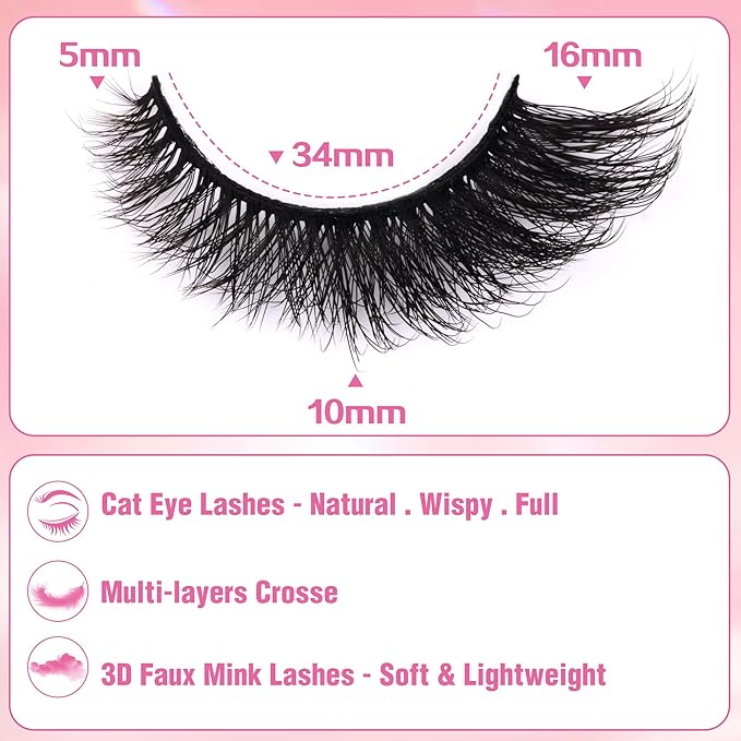 False Lashes Natural Look Faux Mink Lashes Full Fake Eyelashes 16MM Cat Eye Lashes Wispy False Eyelashes 7 Pairs by Ruairie