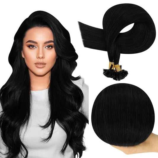 Full Shine Ktip Human Hair Extensions Jet Black 18 Inch K Tip Hair Extensions Real Human Hair Pre Bonded Extensions 50 Grams Fusion Extensions Natural Straight Remy Hair