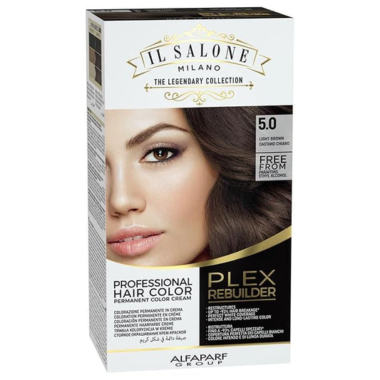 Il Salone Milano Plex Rebuilder Permanent Hair Color Cream - 5.0 Light Brown Hair Dye Kit - Professional Salon - Premium Quality - Protects and Restructures - Paraffin, Paraben, Ethyl Alcohol Free