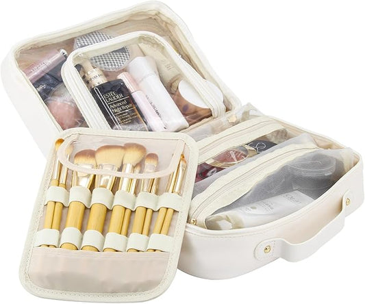 Travel Makeup Bag Large Capacity Cosmetic Organizer Waterproof Leather Toiletry Bag with Brush Holder and Handle Portable Cosmetic Storage Bag for Women Girls Gift - White