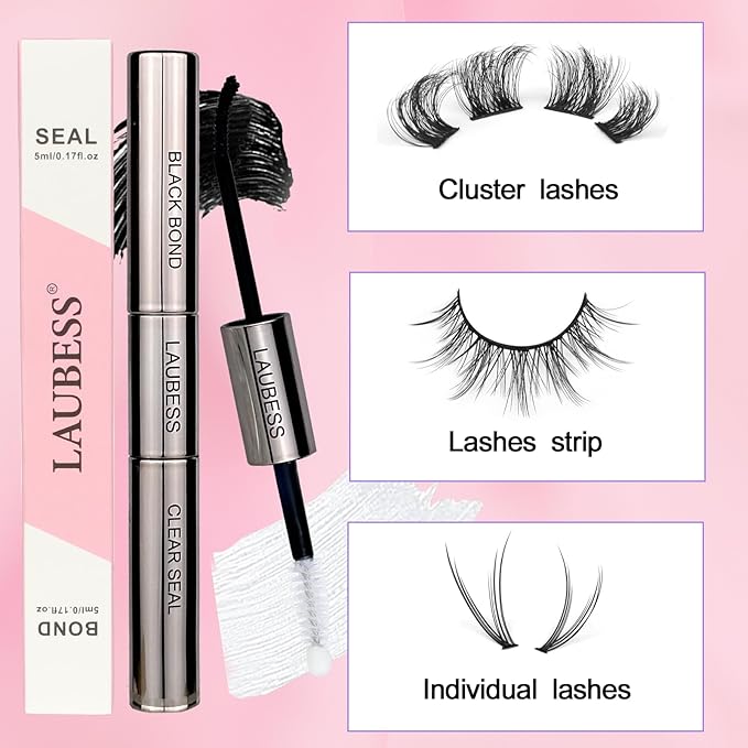 Lash Bond and Seal Lash Glue Waterproof LAUBESS 2-in-1 Cluster Lash Glue for Eyelash Clusters 72H 10ml (Black/Clear)