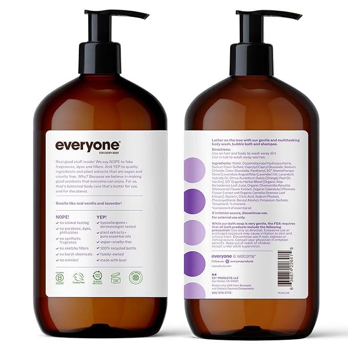 Everyone 3-in-1 Soap, Body Wash, Bubble Bath, Shampoo, 32 Ounce (Pack of 2), Vanilla and Lavender, made with Essential Oils for Men and Women