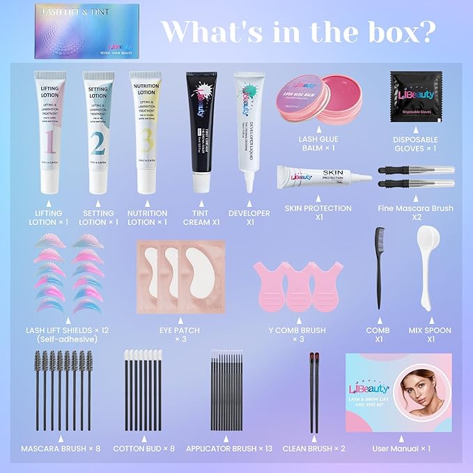Libeauty Lash Lift and Black Color Kit, NEW 4-in-1 Value Kit for Eyelash Perm, Brow Lamination, Eyelash and Eyebrow Color, 15ml Black Coloring Set, Salon Choice
