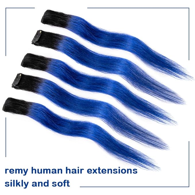 Winsky Blue Ombre Clip in Colored Hair Extensions 100% Real Human Hair - Hairpiece for Women Clip on 5 Pieces/set (18 Inch,1B-Blue)