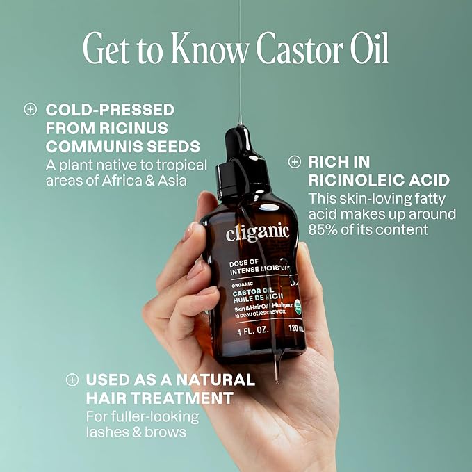 Cliganic Organic Castor Oil, 100% Pure (4oz Glass Bottle with Eyelash Kit) - For Eyelashes, Eyebrows, Hair & Skin (Packaging May Vary)