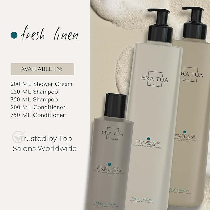Fresh Linen Daily Moisture Shampoo| Dutch Made & Formulated Moisture Repairing Shampoo for Dry and Damaged Hair | Scent of Bergamot, Jasmine & Rose | 250 ml