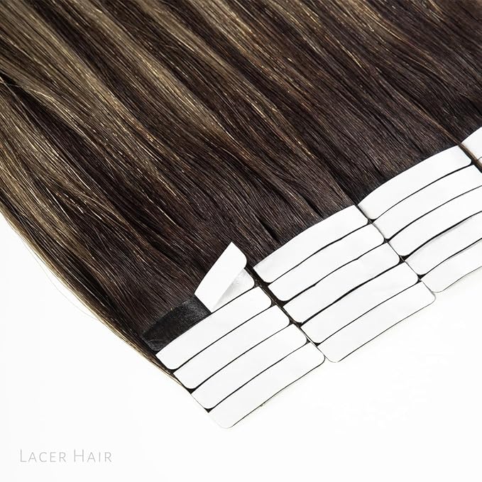 Lacer Hair Natural Tape in Hair Extensions Human Hair Invisible Balayage Color Darkest Brown Fading to Chestnut Brown B#2/6 Remy Human Hair Tape in Extensions 18 Inch