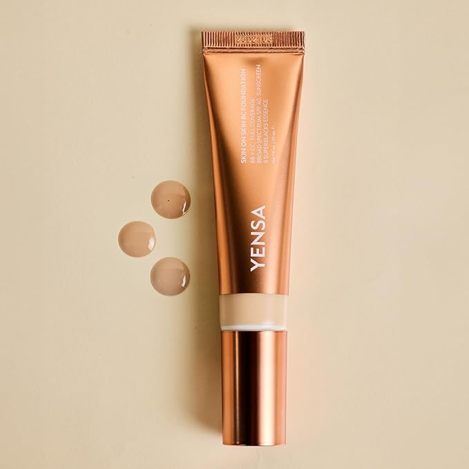 YENSA Skin on Skin BC Foundation Makeup - CC, BB Cream & Full Coverage Foundation-In-One - Buildable, Radiant Finish with SPF 40, Hyaluronic Acid, Peptides & 8 SuperBlacks - Light Medium (1 oz)