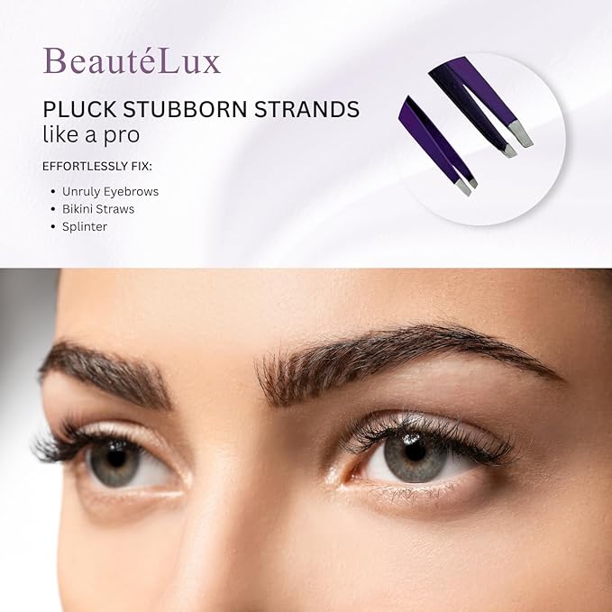 Slant Tip Eyebrow Tweezer for women & men, Stainless Steel Tweezers, Stocking Stuffer for women & men Facial Hair Removal tweezers for Chin hair, Ingrown Hair tweezer, Purple Travel tweezers with case