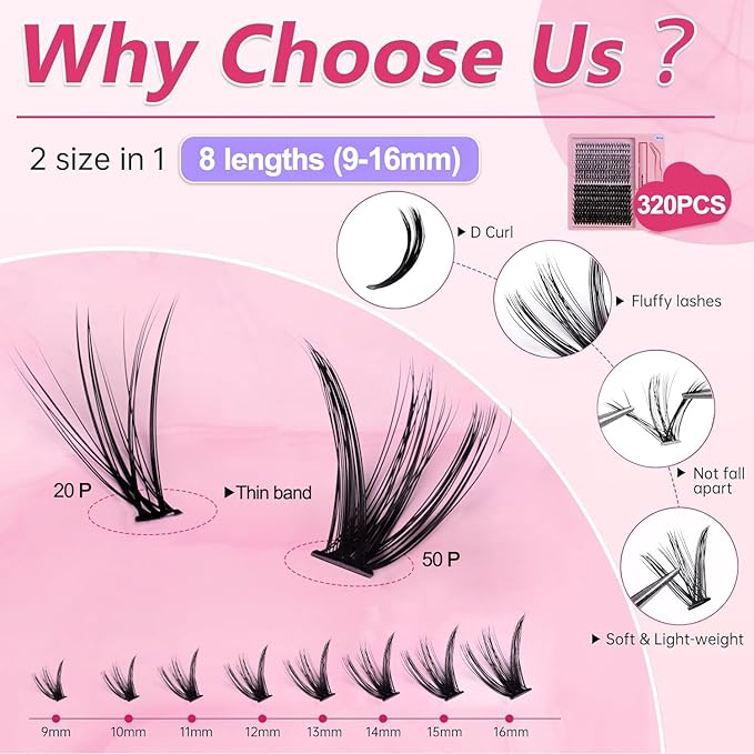 Lash Clusters Kit Eyelash Clusters Individual Lash Extension Kit 240 Pcs D Curly Cluster Lashes DIY Eyelash Extension Kit with Lash Bond and Seal Tweezers Brushes(6D Kit 10-16mm)