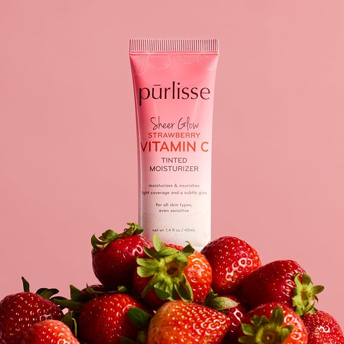 pürlisse Sheer Glow Strawberry Vitamin C Tinted Moisturizer - Skin Tint Moisturizer Enriched with Antioxidants to Even Complexion - Dewy Light Coverage for All Skin Types - Tan Deep (1.4 oz)