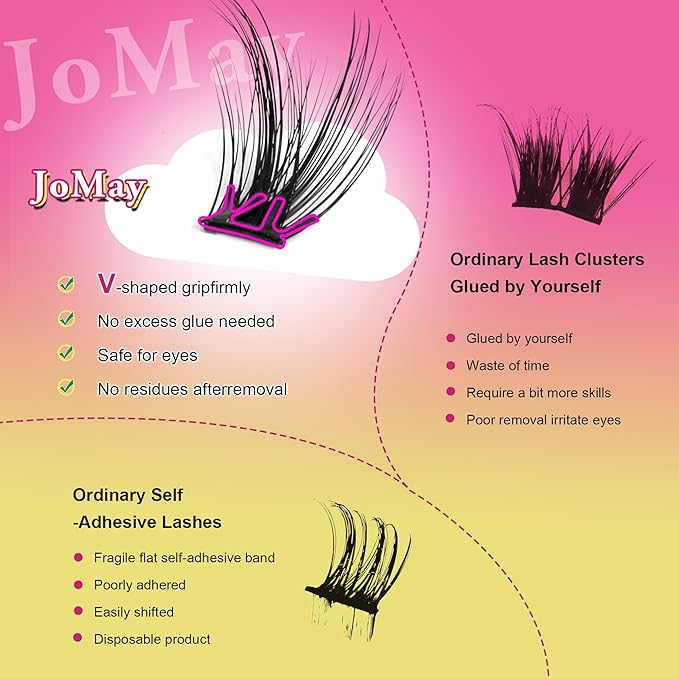 JoMay Self-Adhesive Eyelashes, Press on Lashes No Glue Needed, Glueless Pre-Glued D Curl Cluster Lashes for Beginners, No Residue, Pre-Separated L/R Eye, 1-Step DIY, 120PCS (X10)