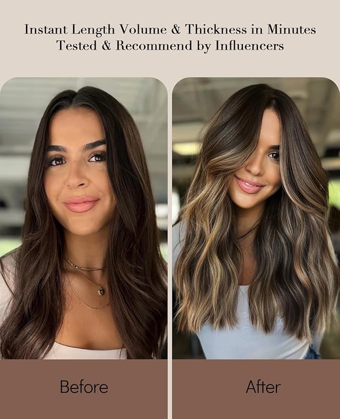 VINBAO Clip in Human Hair Extensions Balayage, Color Dark Brown to Chestnut Brown And Ash Brown, 6pcs Double Weft Clip in Hair Extensions Silky Straight 18inch 120g (#2/6/18,18)