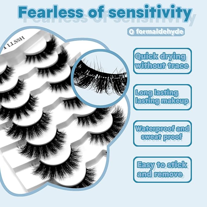 Mink Lashes Fluffy Wispy Lashes Natural Look 3D False Eyelashes D Curl Russian Strip Lashes 14 Pairs Short Fake Eyelash Pack