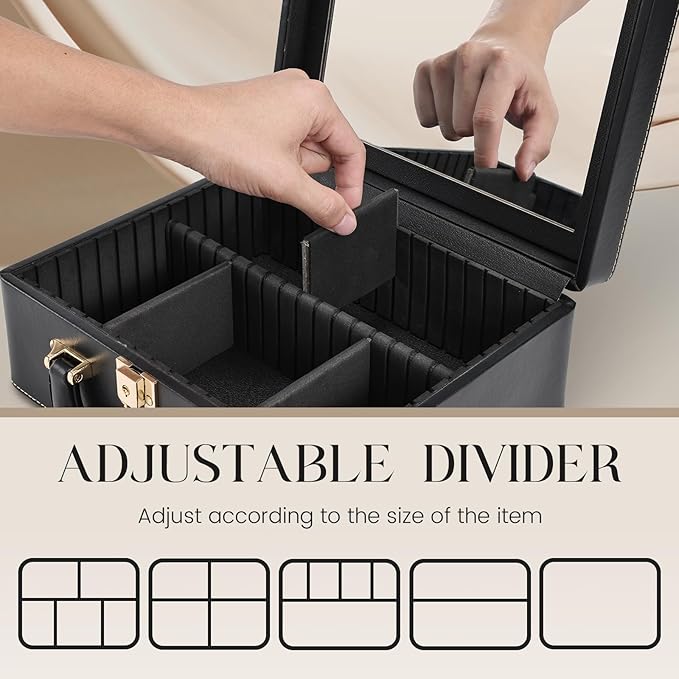 Joligrace Travel Makeup Case, Travel Makeup Organizer Case with Mirror, Makeup Train Case Leather Portable Makeup Box Storage Bag,with Adjustable Dividers & Brush Holder (Black)