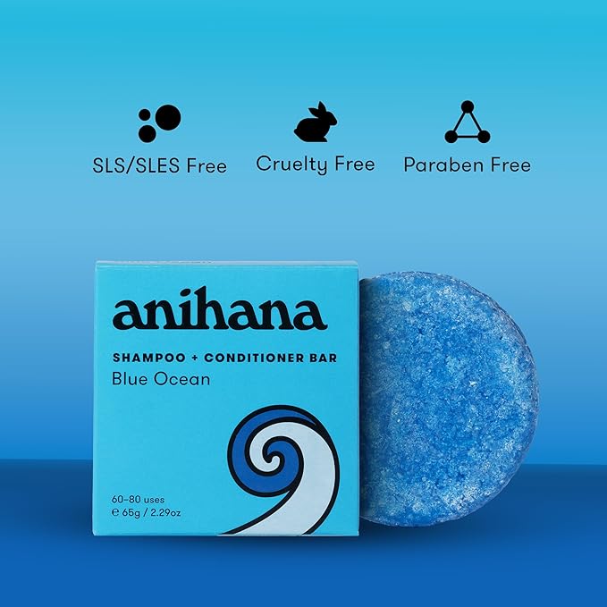 ANIHANA Shampoo and Conditioner Bar for Regular Normal Hair, Clean, Purifying, Natural, Healthy Look and Shine, Paraben Free, Blue Ocean, 2.29 oz