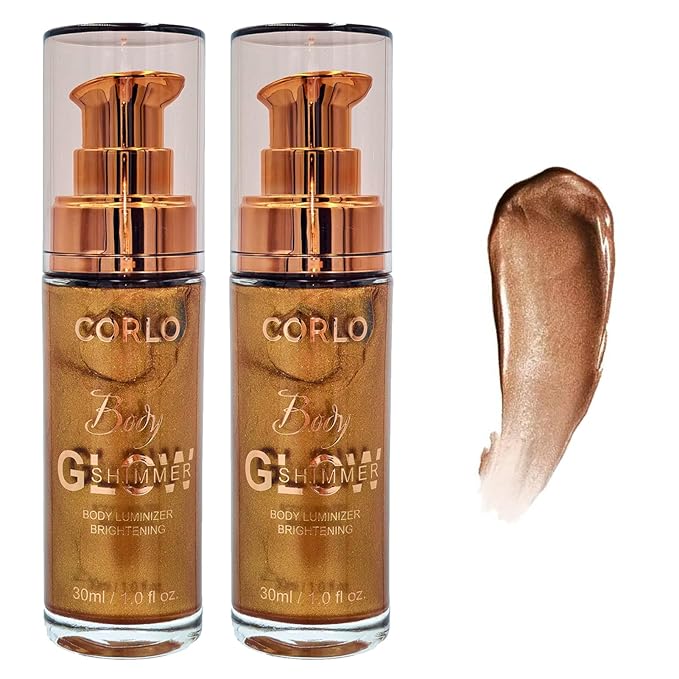 2 Pack Corlo Body Shimmer Oil Liquid Illuminator Highlighter Waterproof Long Lasting Moisturizing Bronze Luminizer Glow For Face Body (Glistening Bronze, 2pcs)