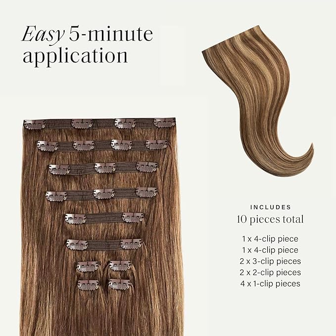 Luxy 100% Remy Human Hair, Classic 160g Clip-In Hair Extensions - 10 Wefts Multi-Dimensional Color for Natural Blending, Adds Volume & Length, Easy Apply & Remove 16" Chestnut Brown Highlights